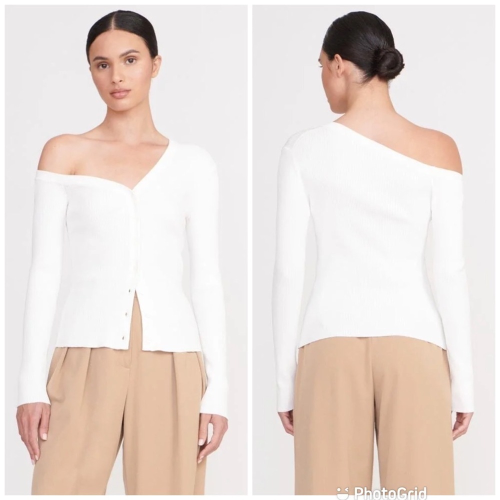 Staud Craftsman One Shoulder Ribbed Cardigan Ivory White New With Tags!